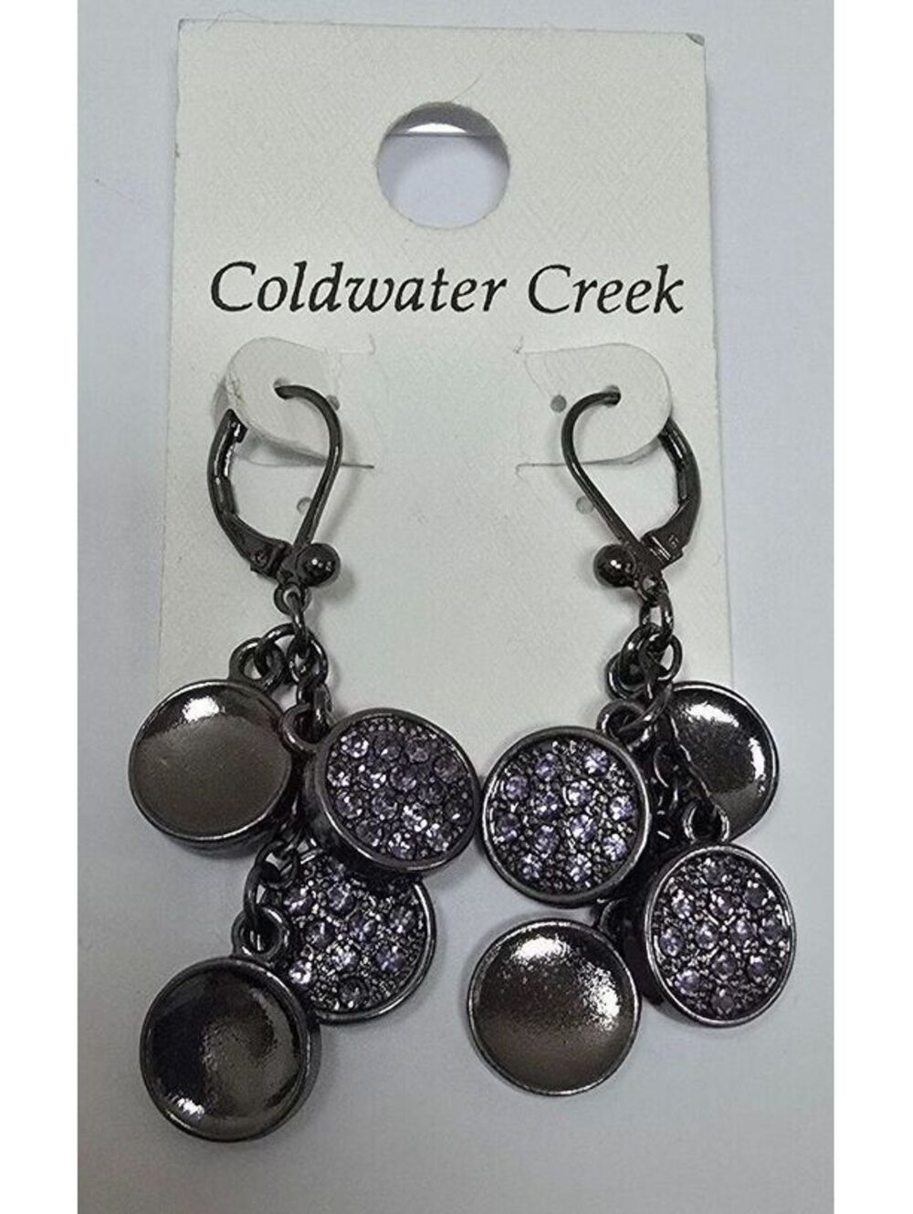 Coldwater Creek Pavé Disc Dangle Earrings Gunmetal Purple Crystal NWT